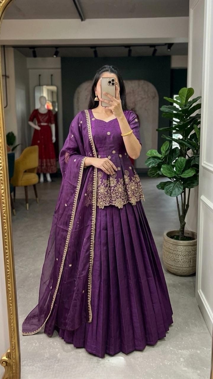 Rust Orange Tissue Silk Peplum Lehenga Set